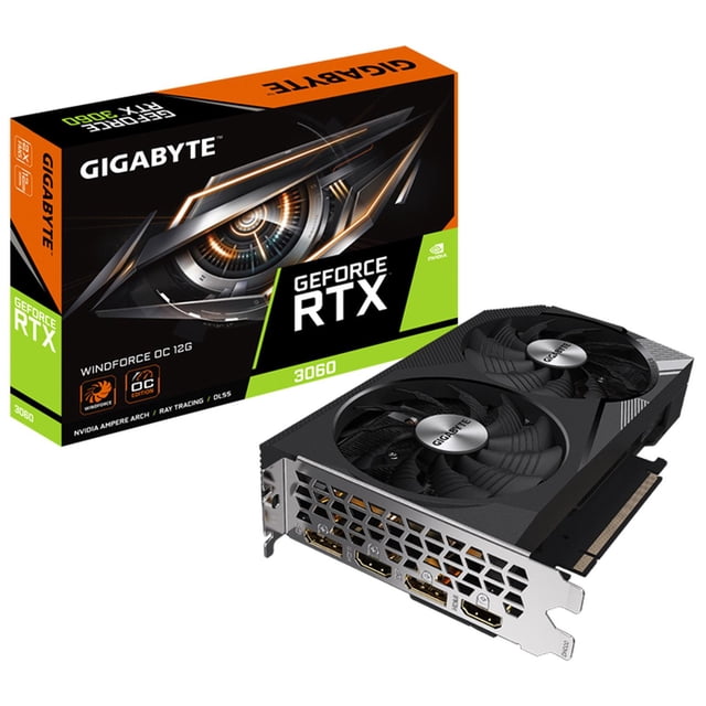 tarjeta de video gigabyte geforce rtx 3060 windforce oc 12g gddr6 gv-n3060wf2oc-12gd 3/4 frontal con caja: tarjeta negra con doble ventilador WINDFORCE 2X de 90 mm, tres tubos de calor y backplate visible; interfaz PCIe 4.0 x16, cuatro salidas de pantalla y 12 GB GDDR6; también adecuada para estaciones de juego compactas y rigs de streaming.
