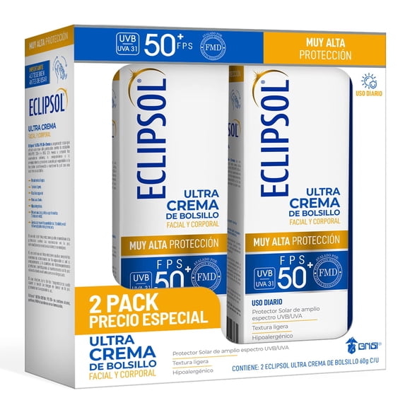 Eclipsol Ultra Crema Protector Solar Facial y Corporal FPS50+, Hipoalergénico, Textura Ligera y Resistente al Agua, Uso Diario para Toda la Familia, 2 Pack de 60g c/u