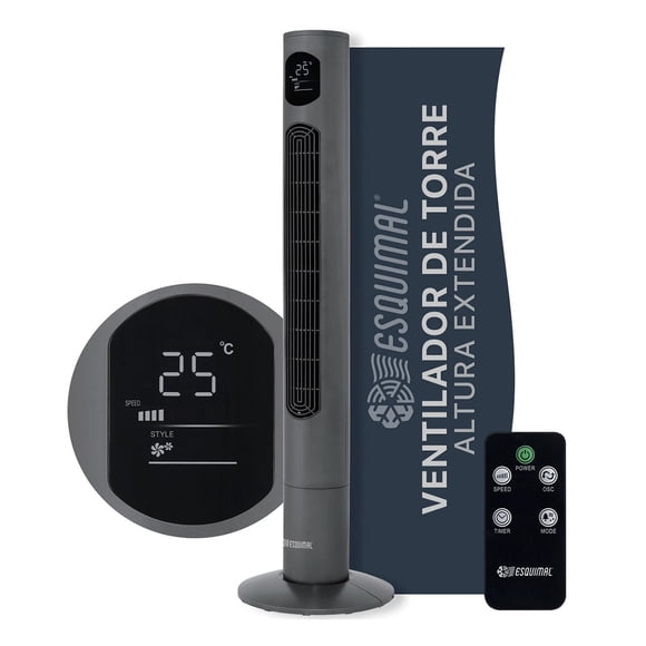 Ventilador de Torre, Silencioso, Pantalla Led, Oscilante 90°, 3 Velocidades (Gris, 116 cm)