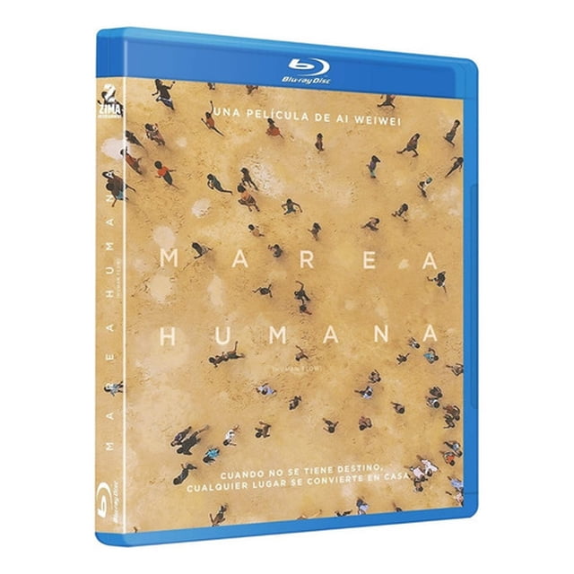 película blu-ray marea humana zima human flow ai weiwei Blu-ray nuevo, vista 3/4 de la carátula con estuche azul; fotografía aérea de pequeñas figuras humanas sobre arena, título centrado y texto de créditos en español.