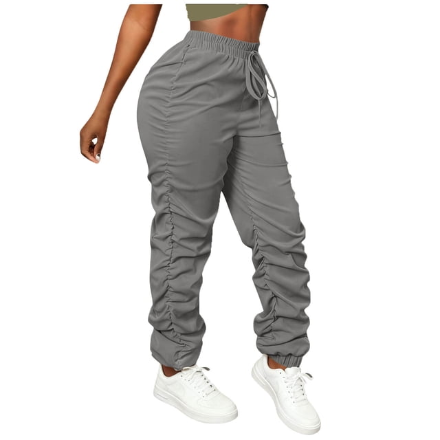 Amzcrzy Pantalones Cargo Mujer Color Liso Ligeros Senderismo Detalle Fruncido Cintura Elástica Cordón Cómodos Jogging Tallas S-2XL Gris
