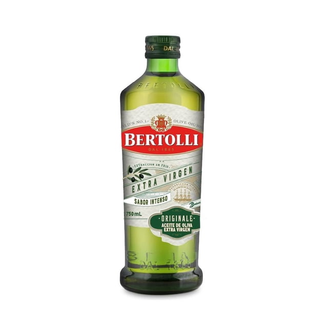 aceite de oliva bertolli extra virgen sabor intenso 750 ml botella frontal, vidrio verde de 750 ml con etiqueta roja y blanca y logo Bertolli; texto 'Extra Virgen' y 'Sabor Intenso' legibles, tapa a rosca verde, muestra aceite claro, ideal en la despensa para aderezar ensaladas, marinar y cocinar.
