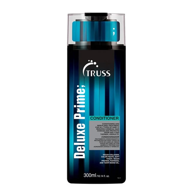 acondicionador profundo truss deluxe prime, 300 ml multicolor botella de frente con dosificador; envase negro con franjas verticales azul turquesa, logo TRUSS y texto 'Deluxe Prime' y 'Conditioner', indicado como tratamiento capilar para cabello teñido y uso semanal recomendado.