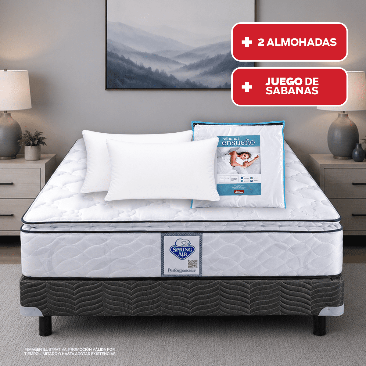 Colchón Individual City Sprign Air + Box Spring + 2 Almohadas Sc + Juego de Sabanas Ensueño