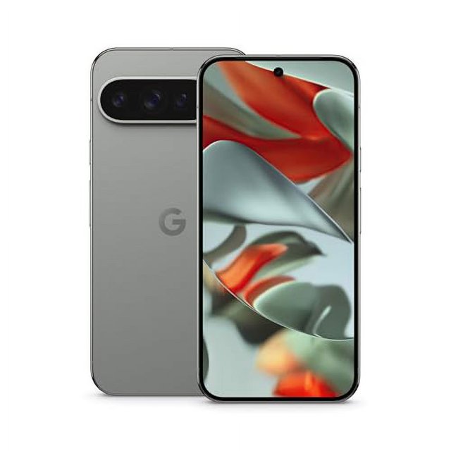 smartphone google pixel 9 pro xl android desbloqueado gemini 12 vista frontal y posterior en color gris; frontal con pantalla edge-to-edge y cámara frontal centrada en perforación, posterior con módulo de cámara horizontal triple y logo G sobre fondo blanco, mostrado desbloqueado y compatible con operadores principales.