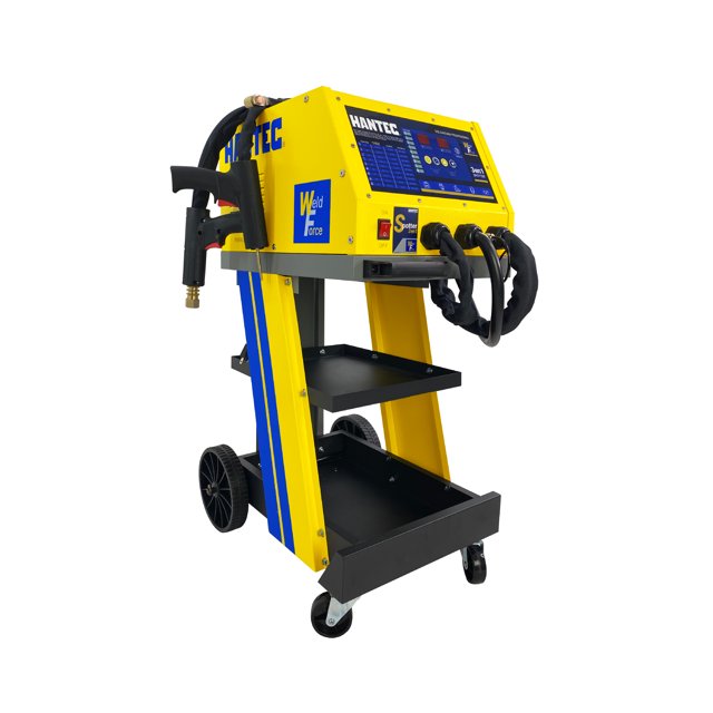 spotter hantec 3 en 1 para hojalatería 220v equipo amarillo/negro sobre carro con ruedas, vista 3/4 frontal; consola inclinada con pantalla digital y controles, mangueras y portaelectrodos en el frente, pistola para reparación de plásticos colgada a la izquierda y dos bandejas metálicas negras para herramientas; funciones de spotter, punteadora y soldadura con arandelas según especificaciones; también es adecuado para trabajos de reparación móvil en talleres pequeños.