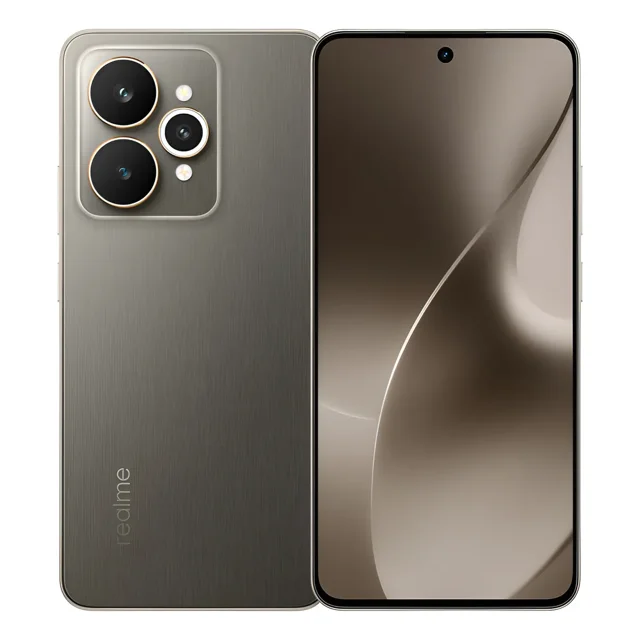 celular android realme 15 5g smartphone 12gb 256gb cámara sony 50mp ois mediatek dimensity 7300+, 6.77'' 144hz amoled 6500 mah, méxico, gris — Vista frontal y posterior en primer plano: dispositivo gris titanio con pantalla AMOLED de 6.77" y orificio de cámara frontal centrado, marco delgado y alto aprovechamiento de pantalla; reverso con acabado cepillado y módulo rectangular que integra cámara principal Sony 50 MP con OIS, lente ultra gran angular 8 MP, flash y sensor auxiliar, logo realme vertical en la esquina inferior. También suele usarse como equipo portátil para captura y reproducción multimedia.