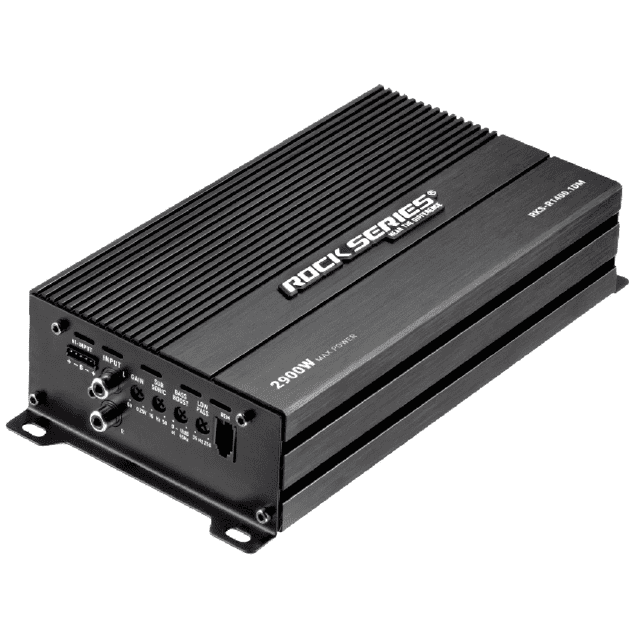 amplificador mini clase d 1400wx1 1 ohm 2900w max rock series 3/4 frontal de amplificador negro con carcasa de aluminio ranurada y logo Rock Series; texto "2900W MAX POWER" visible, panel lateral con entradas RCA, controles y bornes, diseño compacto para instalación en auto, a menudo usado para alimentar subwoofer.