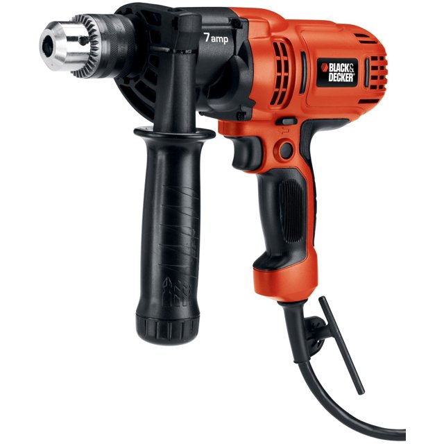 taladro/destornillador eléctrico black+decker dr560 7.0a 1/2in Naranja taladro con cable, vista frontal; carcasa naranja y negra, empuñadura pistola texturizada, asa lateral de 360 grados y mandril metálico con llave visible; marca BLACK+DECKER impresa, cable con clip; capacidad 1/2 pulgada en acero y 1-1/2 pulgada en madera, velocidad variable hasta 900 rpm; apto también para montaje de muebles y bricolaje.