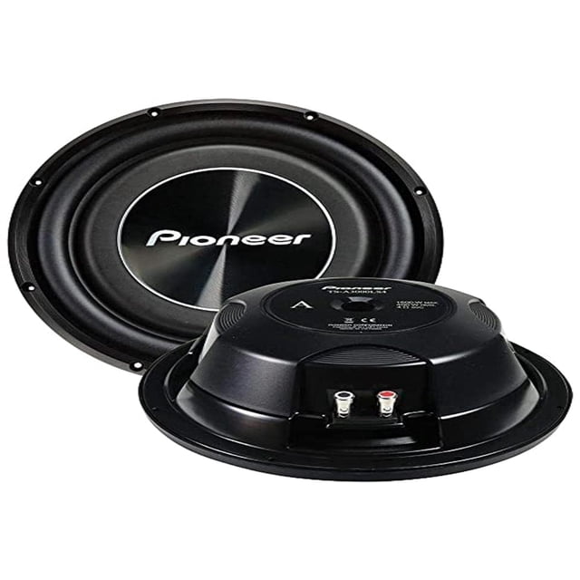 pioneer ts-a3000ls4 12 zoll / 30cm 400w flach-subwoofer, 2x 2 ohm, einbautiefe: 90mm subwoofer plano de 12" (30 cm) Pioneer mostrado frontal y trasero; cono negro IMPP con acabado satinado y logo Pioneer centrado, borde de montaje bajo y carcasa trasera compacta con terminales rojo y negro visibles. Diseñado para instalación detrás o debajo de asientos en automóviles; respuesta 20Hz–1kHz, 400 W RMS (1500 W máx.). También suele usarse en espacios reducidos donde se requiere bajo profundo sin unidad volumétrica grande.