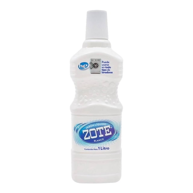 jabón líquido zote blanco 1 l botella frontal de 1 litro con etiqueta azul y logotipo ZOTE y tapa dosificadora; indicado para todo tipo de lavadoras. Apto para algodón, lana y fibras sintéticas, brinda limpieza y remoción de manchas; a menudo usado para prelavado de manchas difíciles.