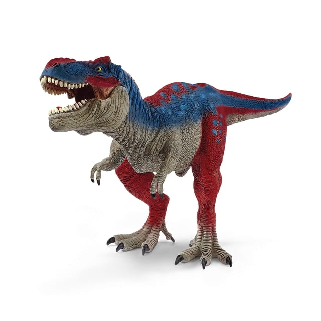 figura de dinosaurio schleich, tamaño grande, realista, tyrannosaurus rex — 3/4 frontal de figura grande de T. rex en postura dinámica; piel texturizada en tonos gris, azul y rojo, mandíbula abierta con dientes individuales visibles y lengua, ojos pintados, patas traseras robustas con garras negras y cola extendida; fondo blanco limpio; ideal para juego imaginativo o como pieza de colección.