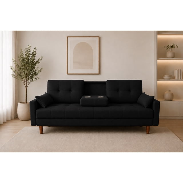 sofá cama reclinable el bazar store cancún lino negro brazos separados respaldo abatible — vista frontal centrada de sofá cama 180 cm tapizado en lino negro con respaldo abotonado y ajuste en 3 posiciones; respaldo central abatible con portavasos, brazos removibles, patas de madera y dos cojines decorativos, ubicado sobre alfombra clara en sala minimalista. También suele usarse como sofá de descanso en habitaciones de visitas.