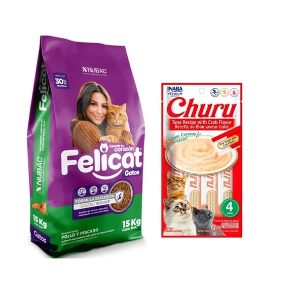 Felicat 15 Kg + Churu Atún con Cangrejo Sobre con 4 Tubos de 14 g