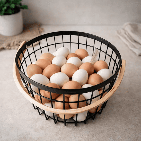 Canasta Multiusos Frutero Metálica Huevera Con Asa De Madera