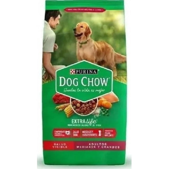 comida para mascotas dog chow adulto razas m/g 25 kg bolsa verde frontal con logo Purina Dog Chow, perro golden retriever de pie, ilustración de croquetas y granos, texto 'Extra Life' y leyenda 'Adultos medianos y grandes'.