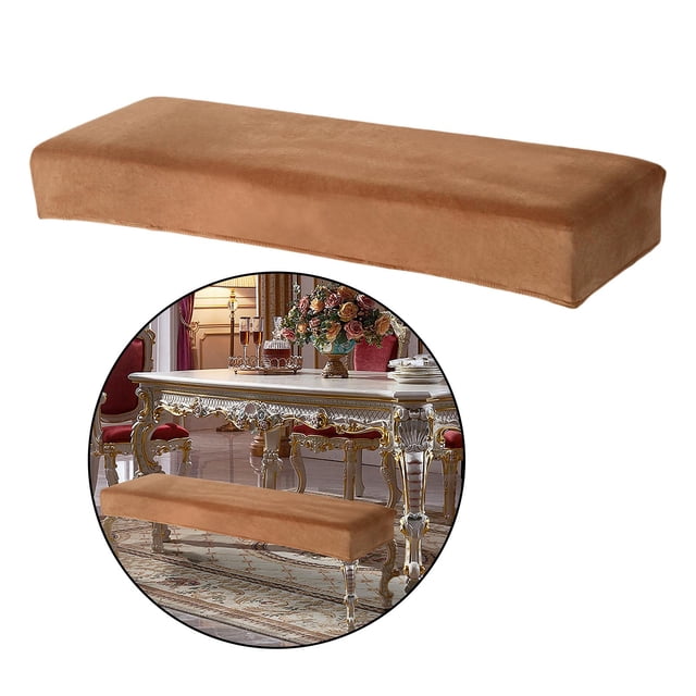 de banco de comedor para , ancianos, restaurantes, fiestas, hogar, lavable a , elástico, ajuste , limpia fácil marrón macarena funda elástica para banco Vista frontal centrada de la funda elástica Marrón Macarena para banco de comedor; cubierta rectangular que ajusta un asiento alargado, tejido spandex/poliéster liso con dobladillo elástico cosido; imagen secundaria circular muestra la funda colocada en un banco frente a una mesa de comedor. Adecuada para bancos de 107-137 cm (42-54 pulg) de largo y 36-46 cm (14-18 pulg) de ancho; también suele usarse para renovar bancos de espera en salones y eventos.