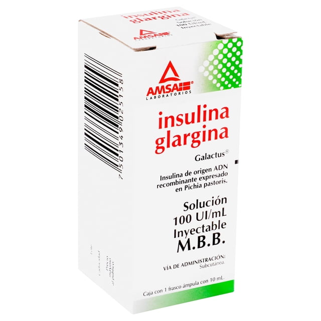 insulina glargina insulina glarg 100ui fa10ml lgen n caja blanca vista 3/4 frontal con texto rojo «insulina glargina», marca AMSA Laboratorios, leyenda Solución 100 UI/mL inyectable, frasco ampolla 10 mL indicado en el empaque y código de barras en el lateral.