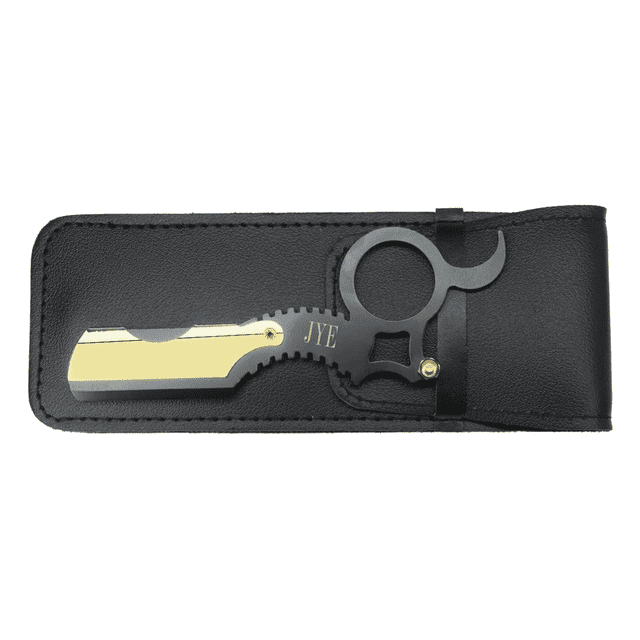 porta navaja con agarradera profesional premium barbero marca jye en negro, vista frontal centrada de porta navaja con mango de acero y hoja de acero inoxidable montada; largo de hoja 1 cm y espesor 1 cm, estuche negro tipo funda plana, espacio para 3 hojas adicionales y empaque de plástico; ideal para barberías, estéticas y uso personal.