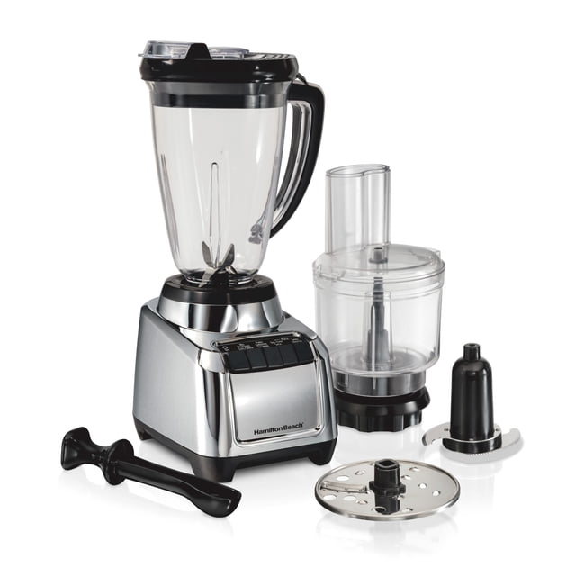 licuadora hamilton beach 2 en 1 4 velocidades 700 w 1.2 l mod. 53520j color negro con procesador de amlimentos, vista frontal centrada con base metálica y panel de botones, jarra transparente de 1.2 l con tapa y mango negro, tazón procesador con disco de acero inoxidable y accesorios de trituración y mezclado, fondo blanco de estudio; adecuada para smoothies, salsas y picar alimentos.