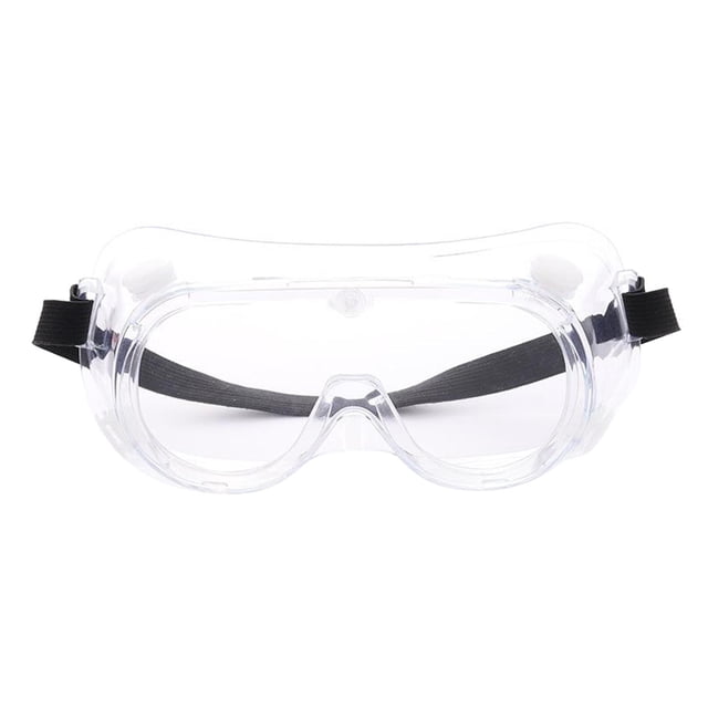 gafas de seguridad anti niebla lentes gafas protectoras de laboratorio de seguridad a prueba de salpicaduras sobre gafas transparentes con lente antivaho y montura plástica, vista frontal centrada, correa elástica negra ajustable, diseño envolvente para protección ocular contra polvo y salpicaduras, tamaño aprox. 158x80x60 mm; también suelen usarse para bricolaje y tareas industriales ligeras.