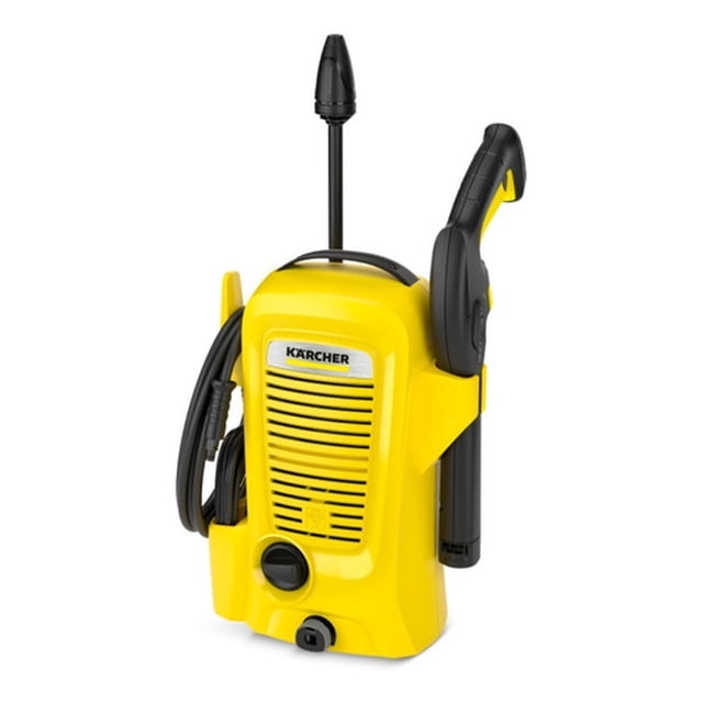 hidrolavadora kärcher k2 universal edition mx 1600psi hidrolavadora eléctrica amarilla, vista frontal centrada con pistola y lanza montadas, carcasa plástica con rejilla frontal y asa superior integrada, manguera de alta presión enrollada en el lateral y soporte para accesorios visible; incluye conector Quick Connect; adecuada para limpieza de autos y herramientas de jardín.