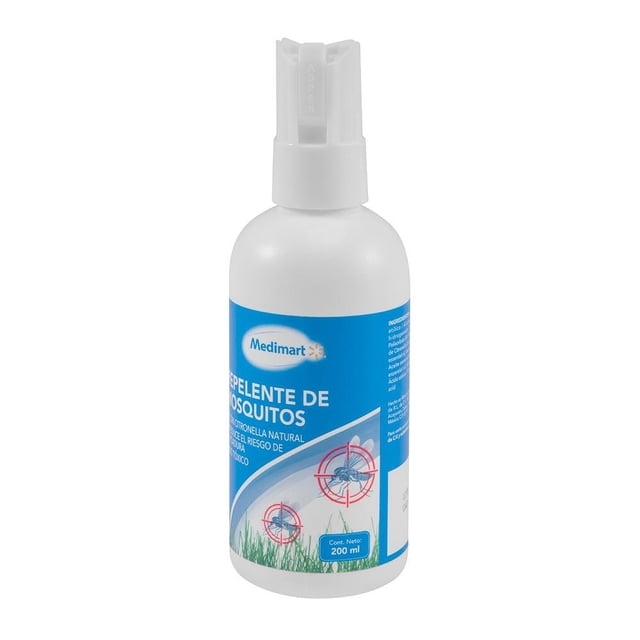 repelente de mosquitos medimart con citronela 200 ml botella frontal blanca con etiqueta azul, logo Medimart, texto 'repelente de mosquitos', iconos de mosquitos en dianas rojas sobre franja de pasto y atomizador blanco en la parte superior.