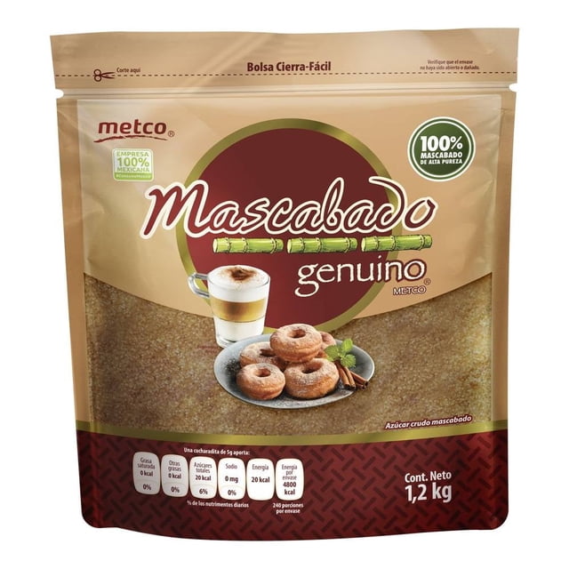 azúcar mascabado metco genuino 1.2 kg bolsa con cierre fácil, paquete frontal beige y marrón con logo Metco y texto "Mascabado genuino", sello "100% mascabado de alta pureza", imagen de café con espuma y donas, neto 1.2 kg; endulzante para repostería y bebidas, también suele usarse como complemento en bebidas calientes.