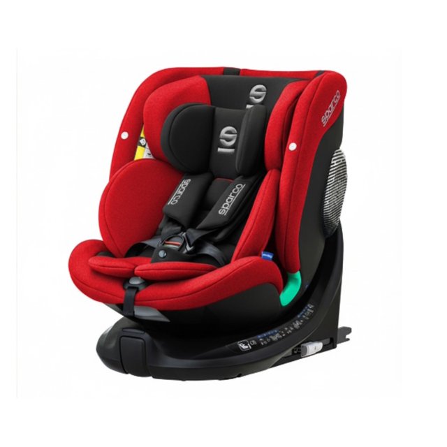 sparco autosiento sk7000i rapid, asiento de bebe para autos Rotación 360° asiento rojo con carcasa de respaldo alta y alas laterales profundas, arnés de tres puntos acolchado y reposacabezas ajustable en 12 posiciones, base negra con conectores Isofix y pata de apoyo, protección lateral en espuma EPP y cubierta textil nanoionizada fácil de limpiar.