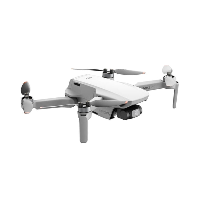 drone dji mini 4k dron ligero 249 g Gris, vista 3/4 frontal con brazos plegables extendidos y cámara en cardán frontal, superficie mate y marcas DJI visibles sobre fondo blanco; ideal para grabar video de viajes y eventos.