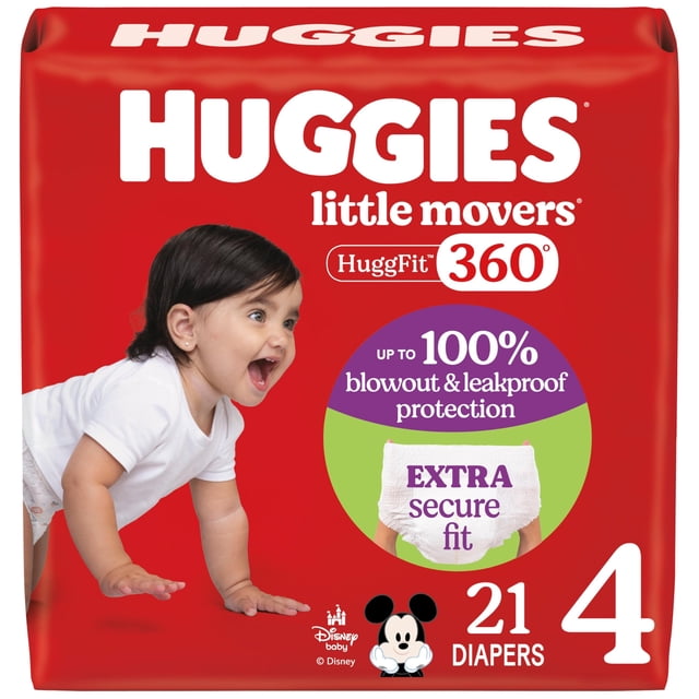 pañales huggies little movers huggfit 360° talla 4 (10-17 kg) 21 Paquete rojo frontal con logo Huggies y Little Movers, bebé gateando a la izquierda, sello en el empaque que indica protección contra fugas y ajuste extra seguro, ilustración de pañal blanco y marcadores "21" y "4" en la esquina inferior derecha; embalaje puede variar. Su tamaño compacto los hace adecuados para llevar en la bolsa de cambio.