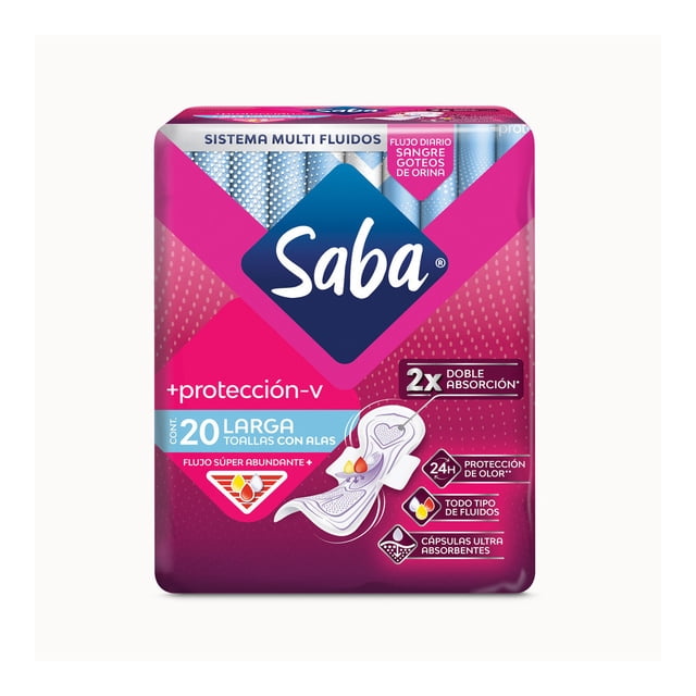 toallas femeninas saba protección-v larga con alas flujo súper abundante 20 pzas paquete frontal rosa y morado con logo Saba, muestra 20 toallas, ilustración de una toalla con alas y sello 2x doble absorción, neutraliza olores y ofrece protección 24h; empaque centrado sobre fondo blanco.