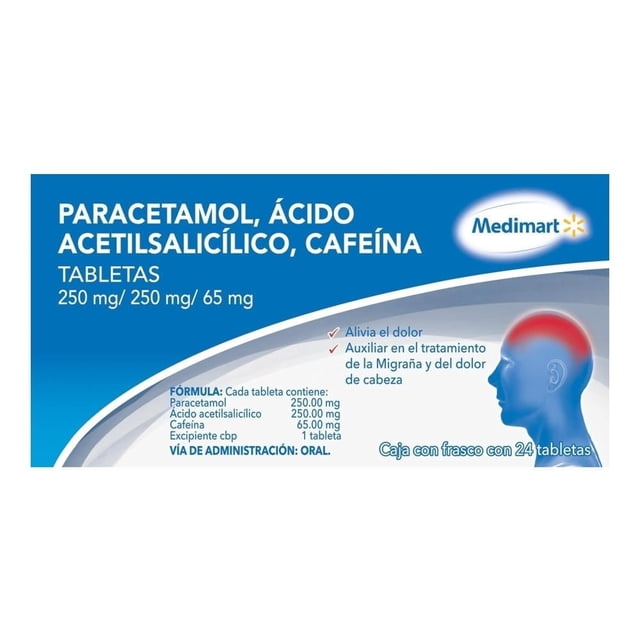 Paracetamol, Ácido Acetilsalicílico, Cafeína Medimart 250 mg/250 mg/65 mg, 24 tabletas