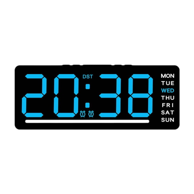 reloj digital led, regalos con dos alarmas, decoración del hogar, , reloj de escritorio, reloj de pared para dormitorio, mesa y sala de número azul reloj LED rectangular frontal con dígitos azules grandes mostrando 20:38, iconos de dos alarmas y columna de días a la derecha, fondo negro y barra inferior blanca; medidas 15.5 x 2.5 x 6.3 cm, ideal para escritorio o pared y a menudo usado como despertador compacto para viajes.