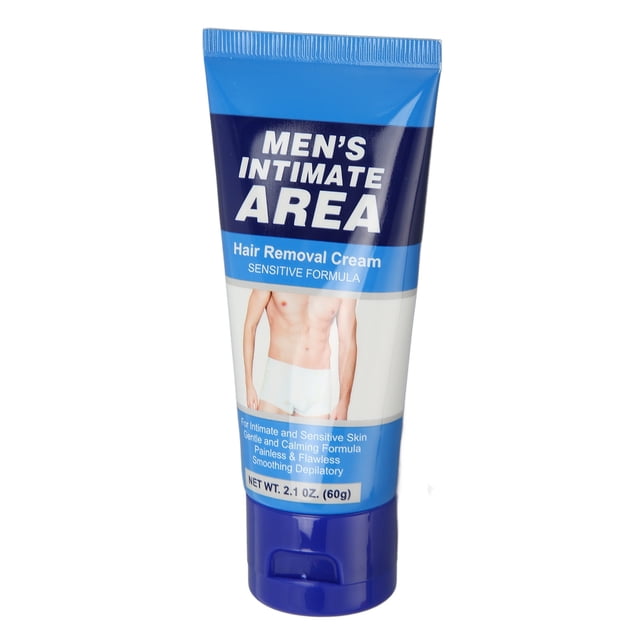 crema de depilación privada para hombres 60 g, tubo de crema depilatoria para piel sensible con tapa a presión y etiqueta azul y blanca que dice 'MEN'S INTIMATE AREA', foto parcial de torso masculino; incluye espátula según la especificación, adecuada para depilación indolora en áreas íntimas y cuerpo.