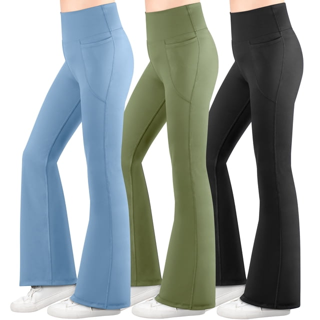 BIG ELEPHANT 3 Packs de Leggings Acampanados para Niña con Bolsillos Laterales, Pantalones Acampanados de Cintura Alta para Baile