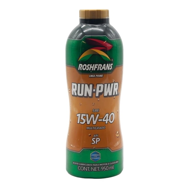 aceite multigrado roshfrans run power api sp sae 15w40 950 ml, botella negra frontal con etiqueta verde y naranja que muestra Roshfrans, RUN-PWR y SAE 15W-40 API SP; capacidad 950 ml. Imagen sobre fondo blanco, lubricante para motor de gasolina y aditivo para mantenimiento, tamaño práctico para talleres o uso doméstico.