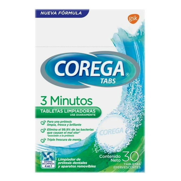 Tabletas limpiadoras Corega 3 Minutos 30 tabletas efervescentes