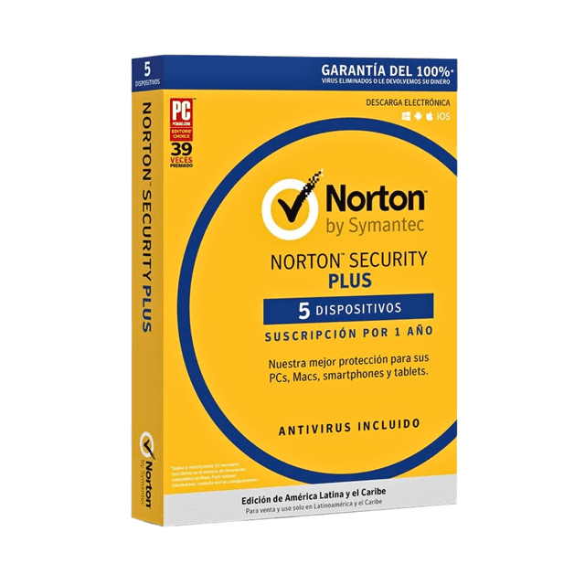 norton security plus 5 disp 1 año caja amarilla frontal con logo Norton by Symantec; indica antivirus incluido, protección para 5 dispositivos y suscripción por 1 año; banda azul superior con "Garantía del 100%" y texto de descarga electrónica para PC y móviles.