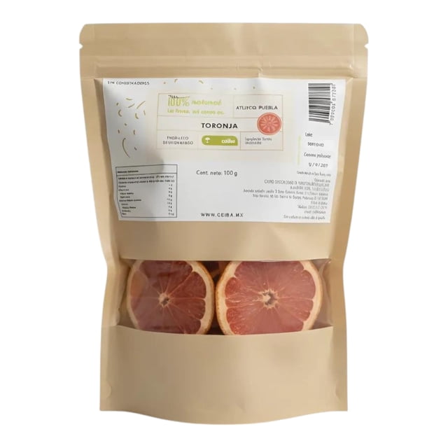 toronja deshidratada 100 g ceiba alimentos fruta premium Bolsa stand-up kraft con ventana frontal que muestra dos rodajas circulares de toronja deshidratada color rosado anaranjado y textura crujiente; etiqueta blanca superior con marca Ceiba Alimentos y peso 100 g, ideal para snack, infusiones, coctelería y repostería.