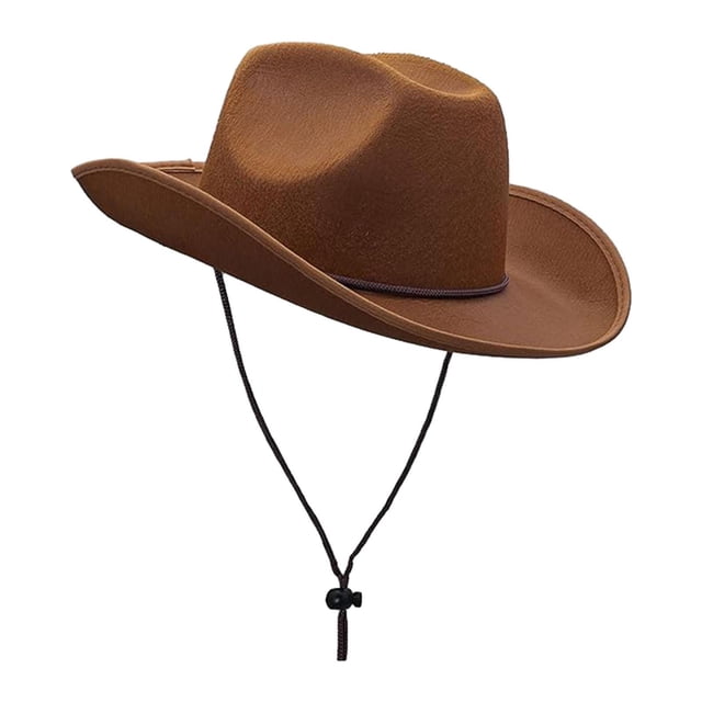 sombrero de vaquero sunnimix accesorios de disfraz duradero marrón oscuro, vista 3/4 de ala ancha con copa marcada y borde curvado; correa para la barbilla ajustable en cordón negro y cinta decorativa en la base de la copa; tamaño 40 x 33 x 14 cm, ideal para disfraces, cosplay y fiestas temáticas.