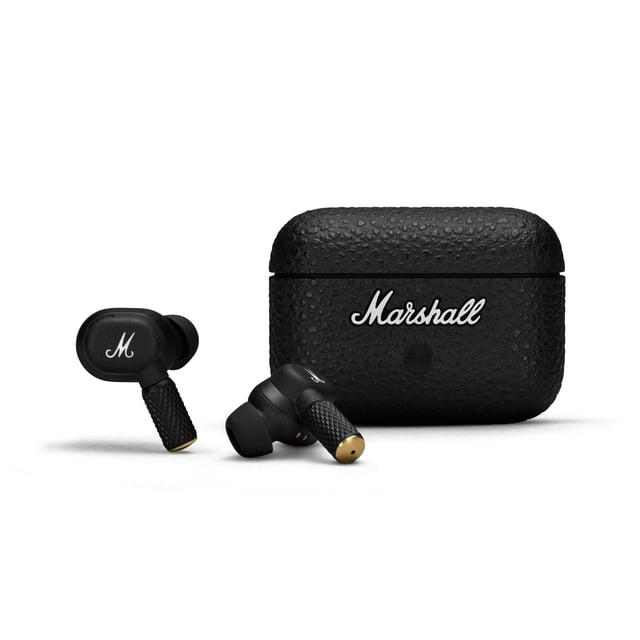 marshall motif ii true wireless active noise-canceling earbuds headphones, black Estuche de carga negro texturizado con logo Marshall en blanco y dos auriculares in-ear negros con puntas de silicón y remates dorados; vista frontal a nivel que muestra el diseño compacto; con cancelación activa de ruido y listos para BT LE Audio según especificaciones; también adecuados para llamadas y viajes.