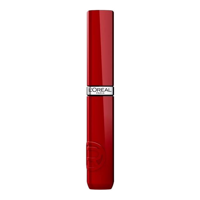 labial líquido acabado brillante l'oréal infallible laque resistance berry bordeaux 520 tubo vertical frontal; envase rojo burdeos brillante con banda metálica plateada con logo L'Oréal Paris al centro y tapa superior, visible acabado reflectante sobre fondo blanco neutro. Tono Berry Bordeaux según ficha.