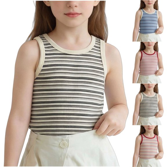 Blusas Cortas para Niñas - Blusas Cortas de Cuello Redondo para Niñas Casuales con Estampado de Rayas Ligeras sin Mangas Blusas Cortas Negras 2-3 Años