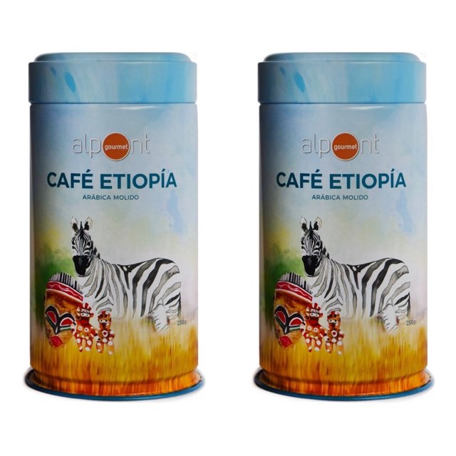 alpont gourmet café etiopía molido 250 gramos 2 piezas envase metálico cilíndrico frontal con texto 'CAFÉ ETIOPÍA' y 'ARÁBICA MOLIDO', fondo acuarelado azul y crema, ilustración de cebra sobre pradera amarilla y logotipo Alpont naranja, dos latas en la imagen. A menudo usado para preparar café filtrado en casa.