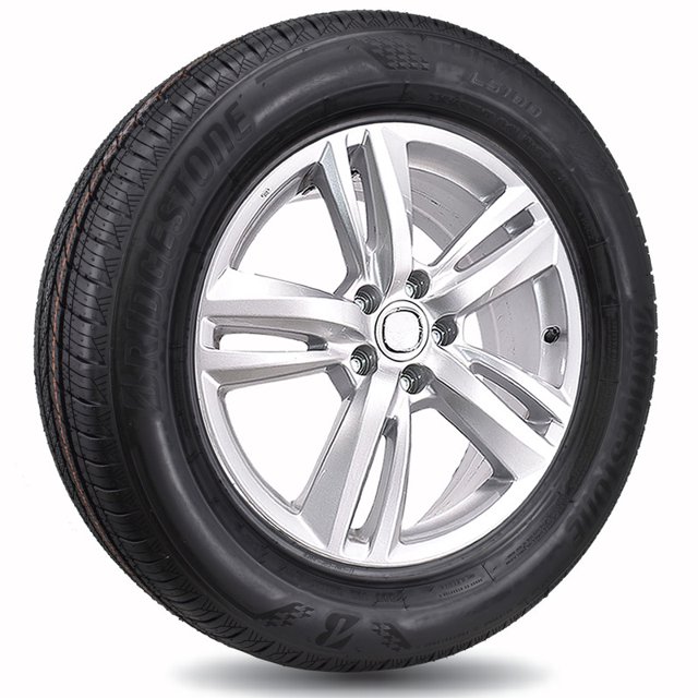 llanta bridgestone turanza ls100 215/50r18 92h turanza ls100 vista frontal centrada; llanta negra Bridgestone montada en rin de aleación plateada, dibujo de la banda de rodamiento direccional visible y marcado 215/50R18 92H en el flanco. Fondo blanco neutro; a menudo usada en sedanes para manejo en carretera.