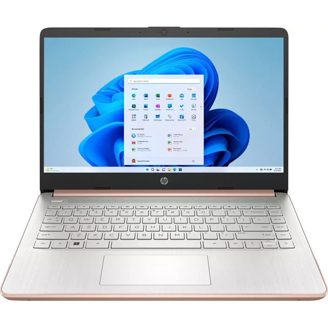hp - portátil de 14" - intel celeron - 4 gb de memoria - emmc de 128 gb - oro rosa frontal abierto, vista centrada de portátil 14" con Windows en pantalla, teclado completo y panel táctil, acabado rosa oro cepillado y bisel delgado con cámara integrada; portátil ligera adecuada para productividad móvil.