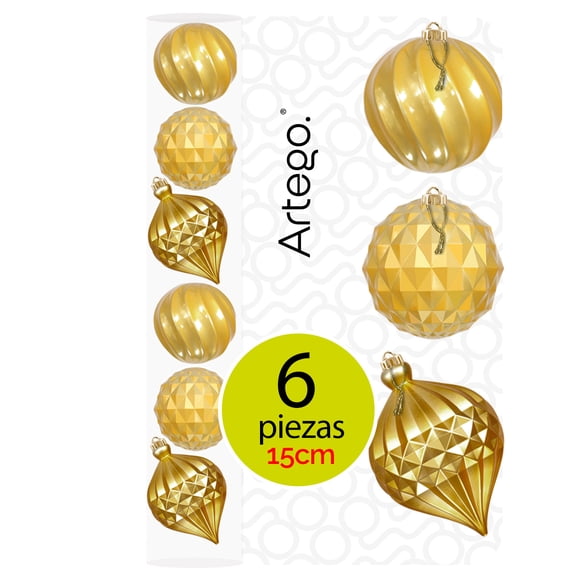 Esferas para árbol de navidad Artego extra grandes de 15 cm de diámetro paq 6 esferas Dorado * Línea Caramel 3 texturas y acabados diferentes para colgar Christmas ornaments