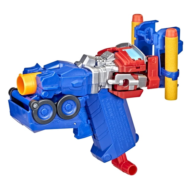 transformers: el origen de las bestias optimus prime blaster de juguete 2 en 1, vista 3/4 frontal del lanzador en modo blaster rojo y azul con detalles plateados; empuñadura plegable, cargador rectangular y boca de disparo naranja, incluye dos dardos Nerf amarillos con puntas naranjas montados en la parte trasera; adecuado como lanzador Nerf para juegos de objetivo.