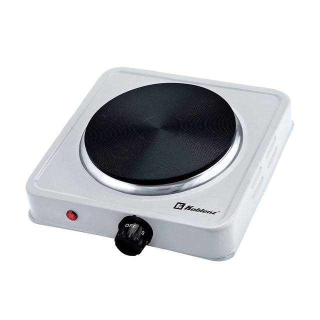 parrilla eléctrica koblenz de 1 quemador con disco de hierro blanca, vista frontal en 3/4 con placa circular de hierro fundido negra, control giratorio de cinco niveles, indicador luminoso rojo, termostato de seguridad integrado y marca Koblenz en el frente; adecuada para cocinas pequeñas, oficinas o departamentos.